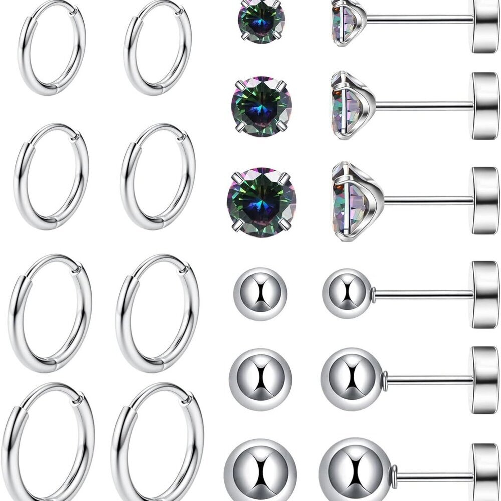 10 Pairs Hypoallergenic Surgical Steel Earring Set with CZ Studs and Hoops for S